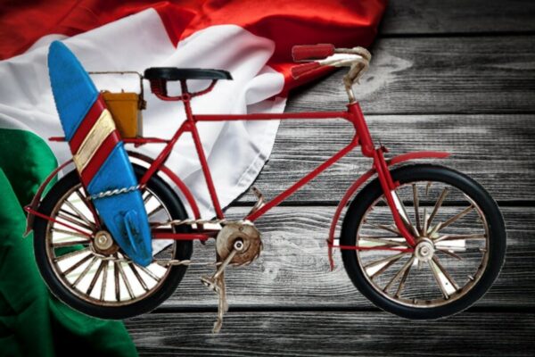 modellino di bici da passeggio con tavola vendibile anche singolarmente 23x7.5x13 resina e metallo fornitura gadget e souvenir personalizzati per negozianti