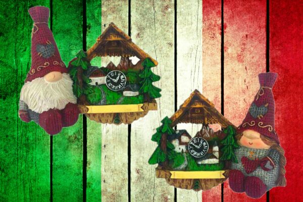 magneti in resina a forma orologio con gnomi di montagna